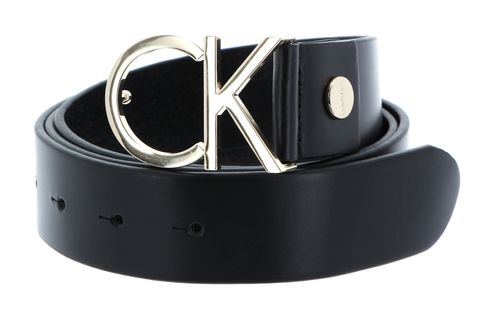 Calvin Klein CK Logo Adjustable Belt 3.5 W85 Black Leather / Light Gold Buckle - shortenable