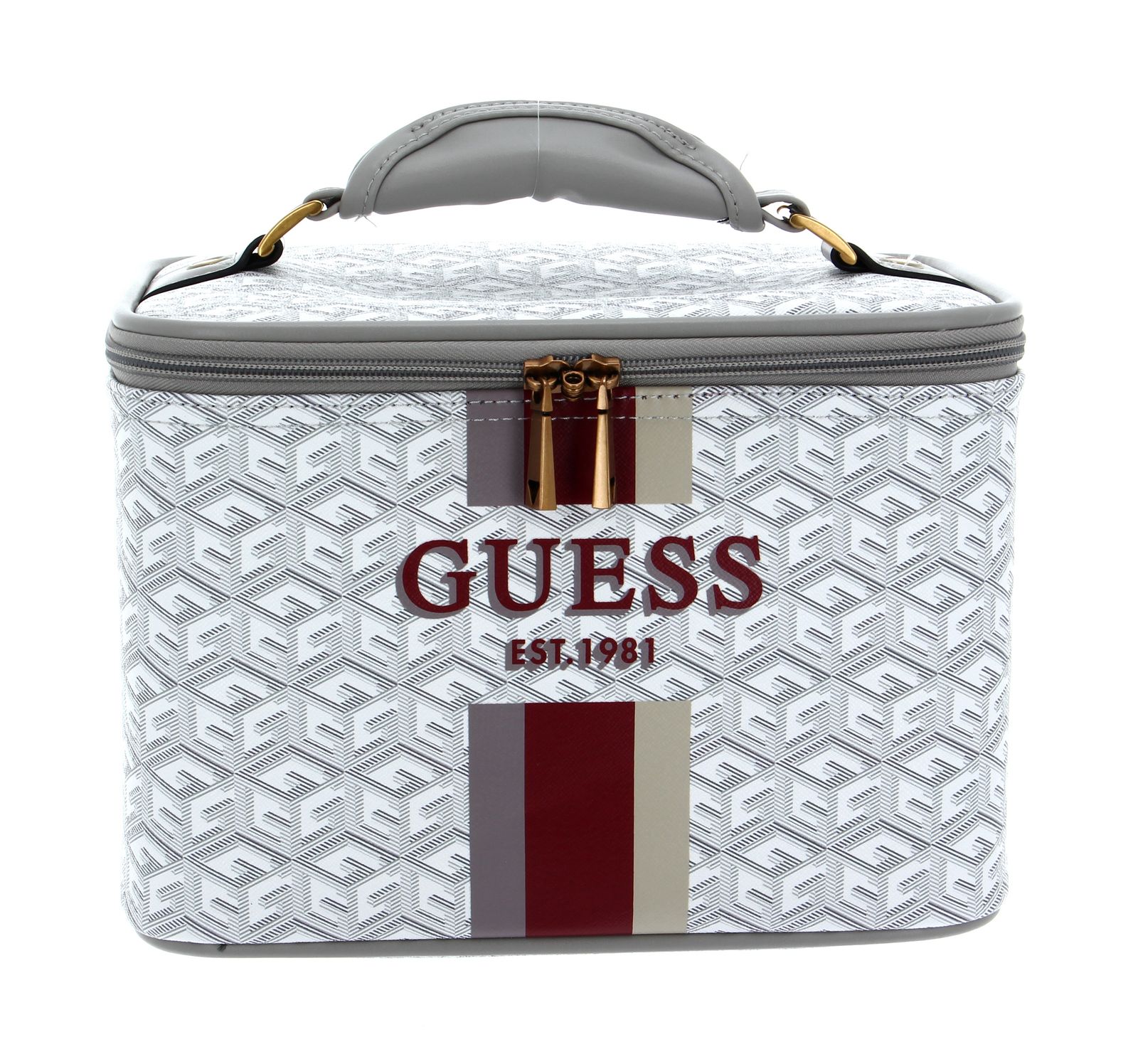 Beauty case Guess Vikky 18 Travel da donna stampa monogrammi greige nero  con fascia tricolore in sintetico