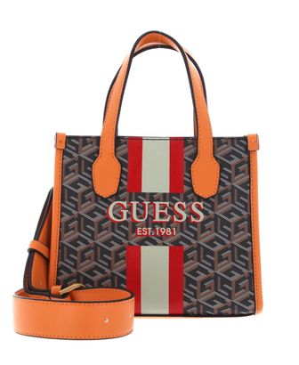 GUESS Silvana Two Compartment Mini Tote Black Logo / Cognac