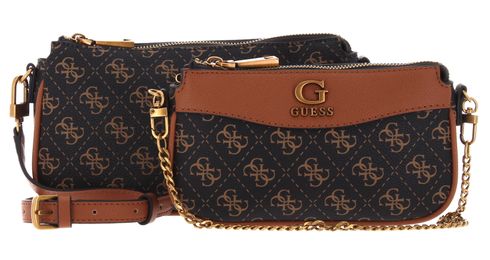 GUESS Nell Logo Mini Double Pouch Crossbody Brown Logo / Cognac