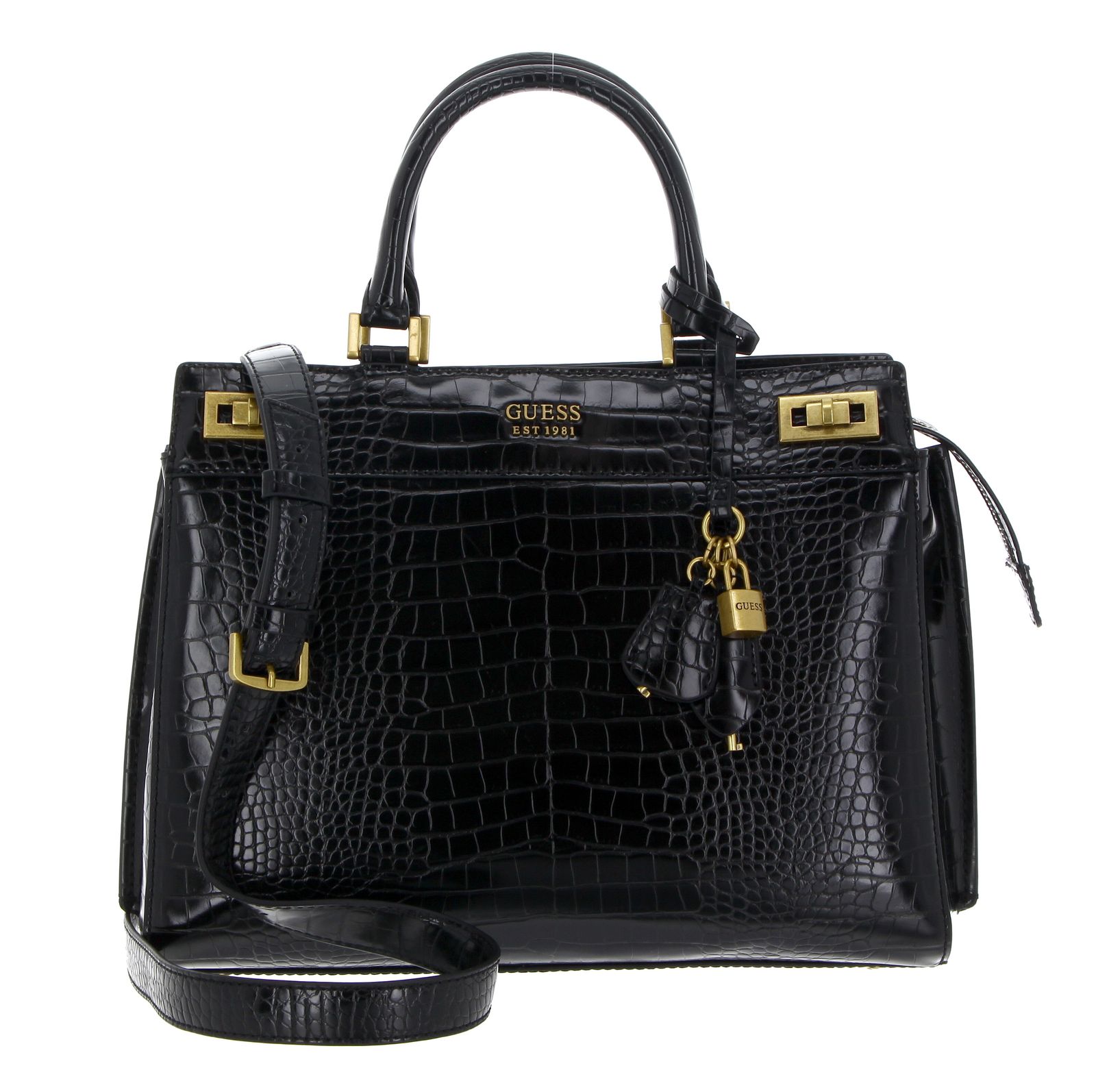 Guess Crocodile Handbag GUESS Stephi Black Moc Croc Top Handle Bag