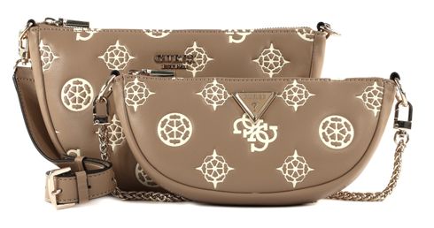 GUESS Deesa Logo Saddle Double Pouch Crossbody Taupe Logo