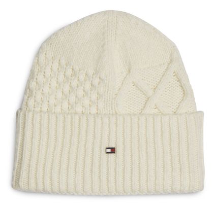 TOMMY HILFIGER TH Flag Cable Knit Beanie Ivory