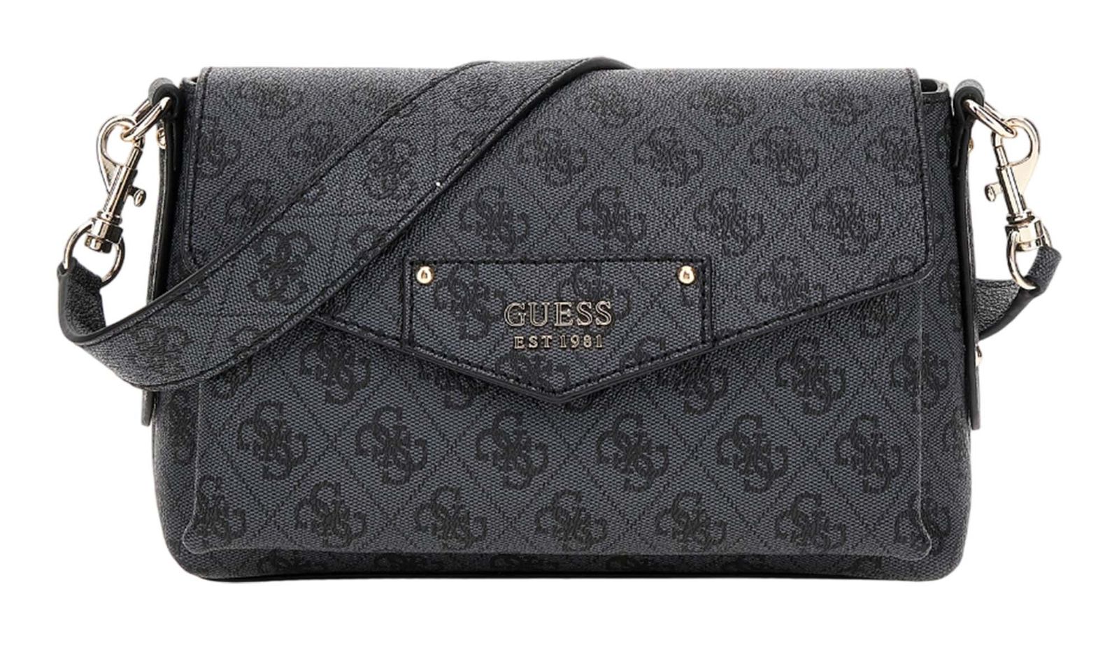 GUESS Eco Brenton Borsa A Spalla Flap - Tela Logo Carbon, 24x15x7 Cm