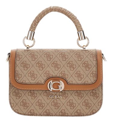 GUESS Orlina Logo Top Handle Flap Bag Latte Logo / Brown