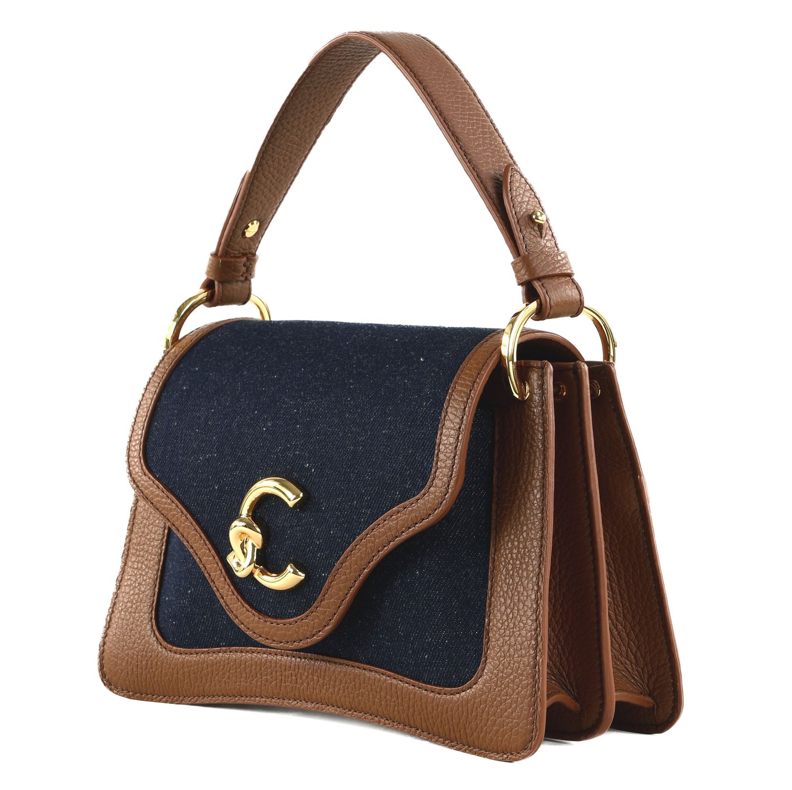 COCCINELLE C-Me Denim Handbag Grainy Leather Blue Denim / Cognac COCCINELLE C-Me Denim Handbag Grainy Leather Blue Denim / Cognac