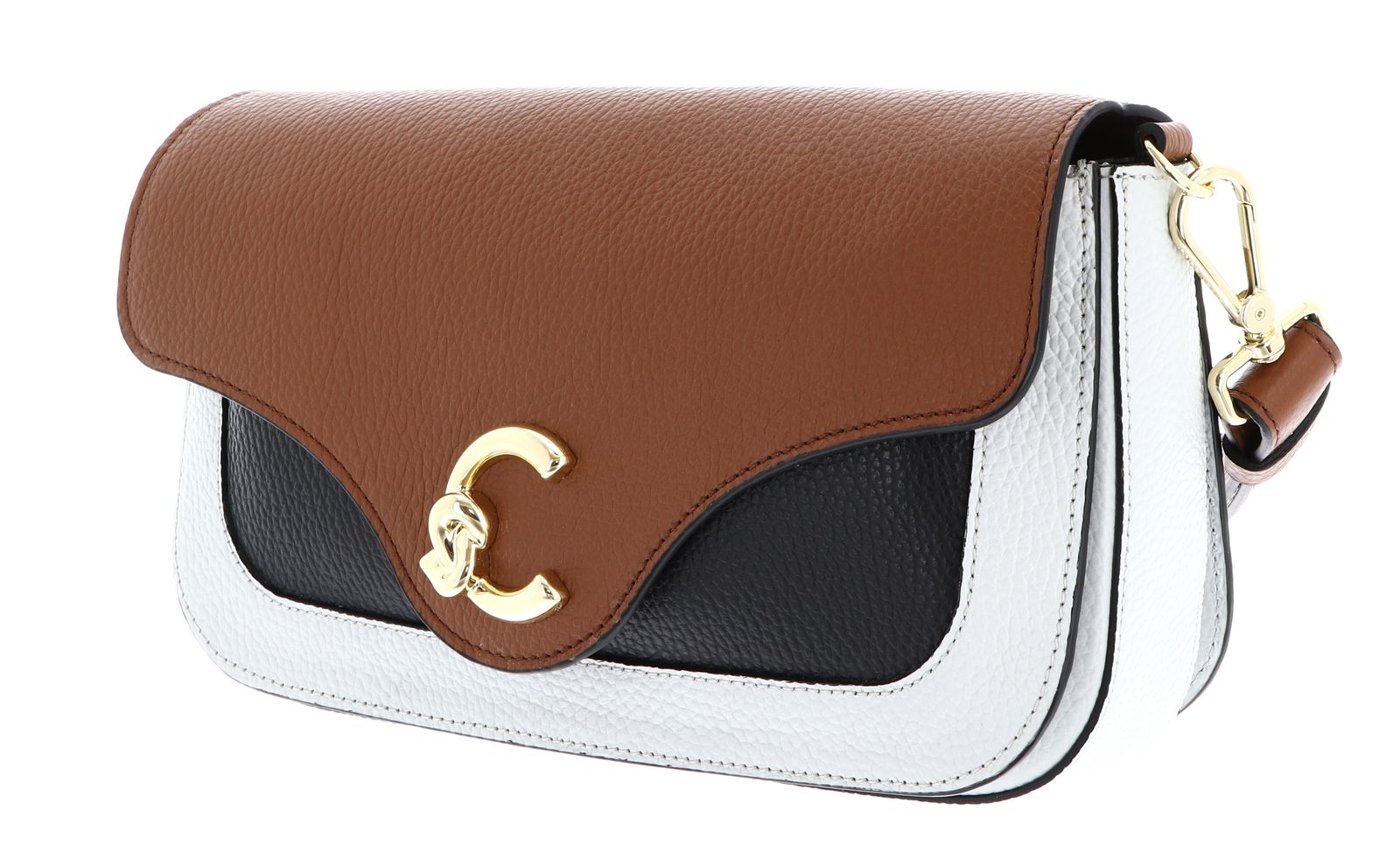 COCCINELLE C-Me Tricolor Handbag Grainy Leather Snow / Cognac / Noir COCCINELLE C-Me Tricolor Handbag Grainy Leather Snow / Cognac / Noir