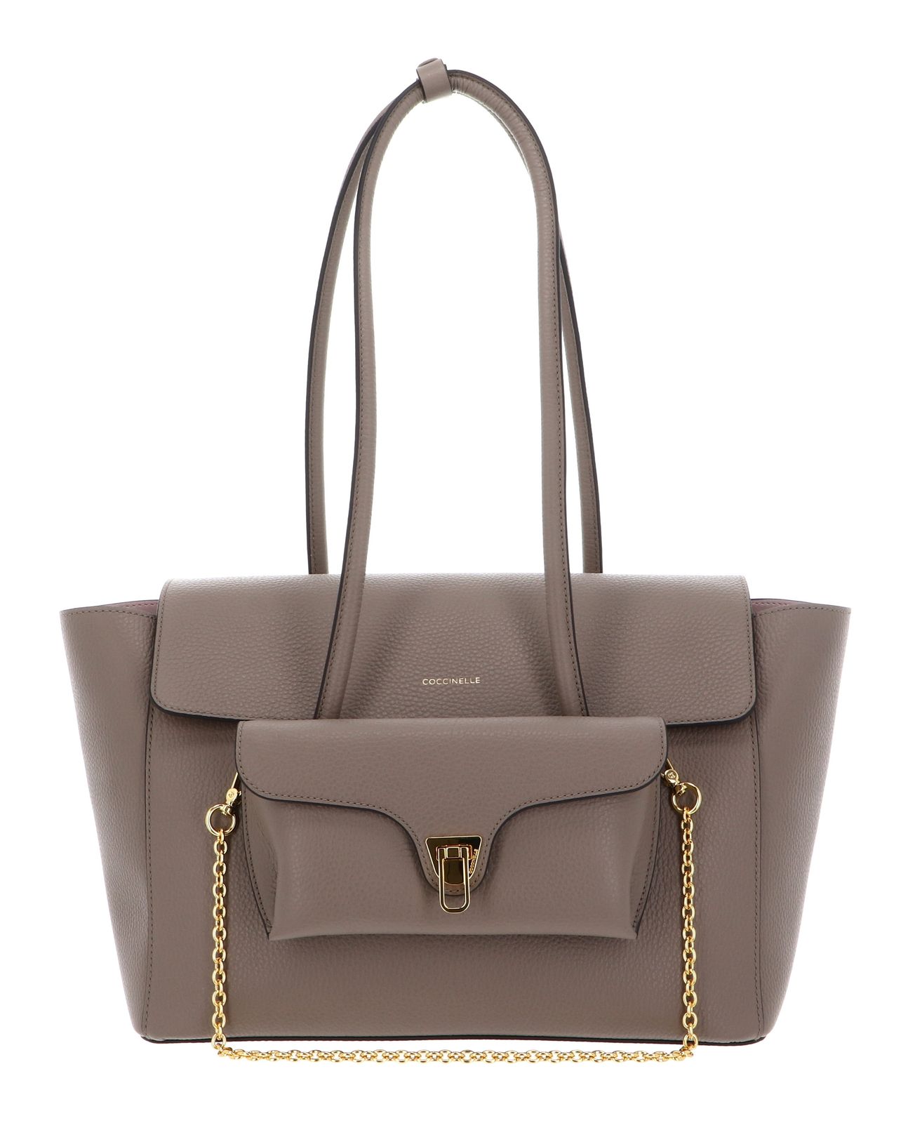 COCCINELLE Double Beat Grained Leather Handbag Warm Taupe COCCINELLE Double Beat Grained Leather Handbag Warm Taupe