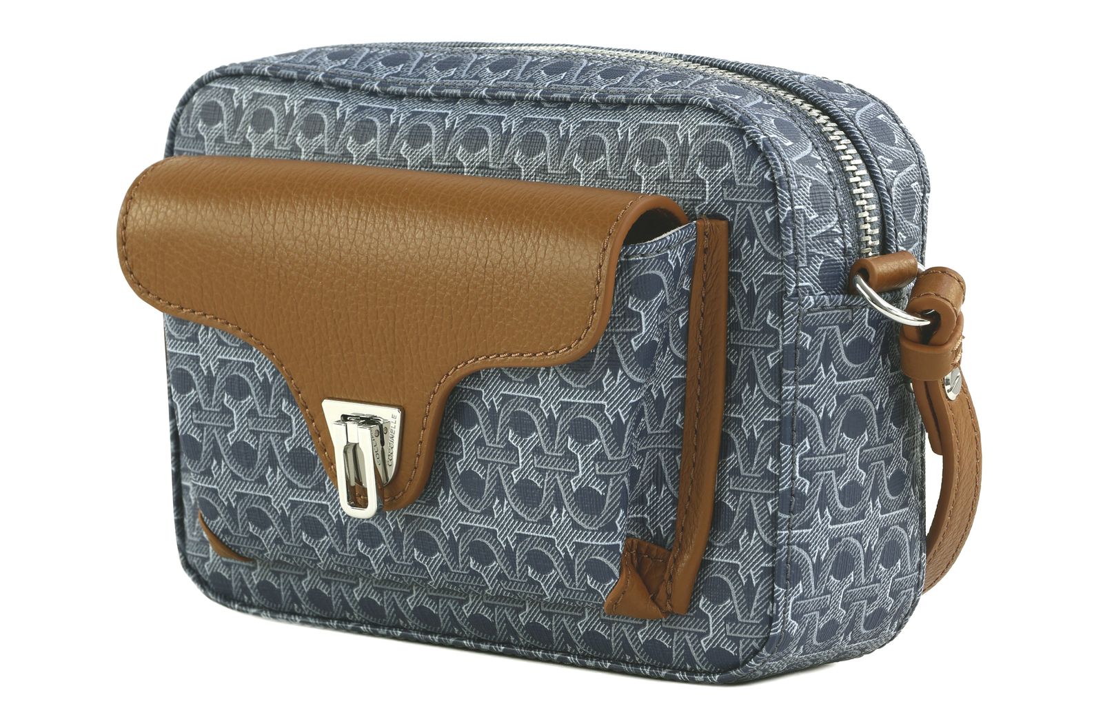 COCCINELLE Beat Denim Coat. Monogram Handbag Blue Denim / Cognac COCCINELLE Beat Denim Coat. Monogram Handbag Blue Denim / Cognac