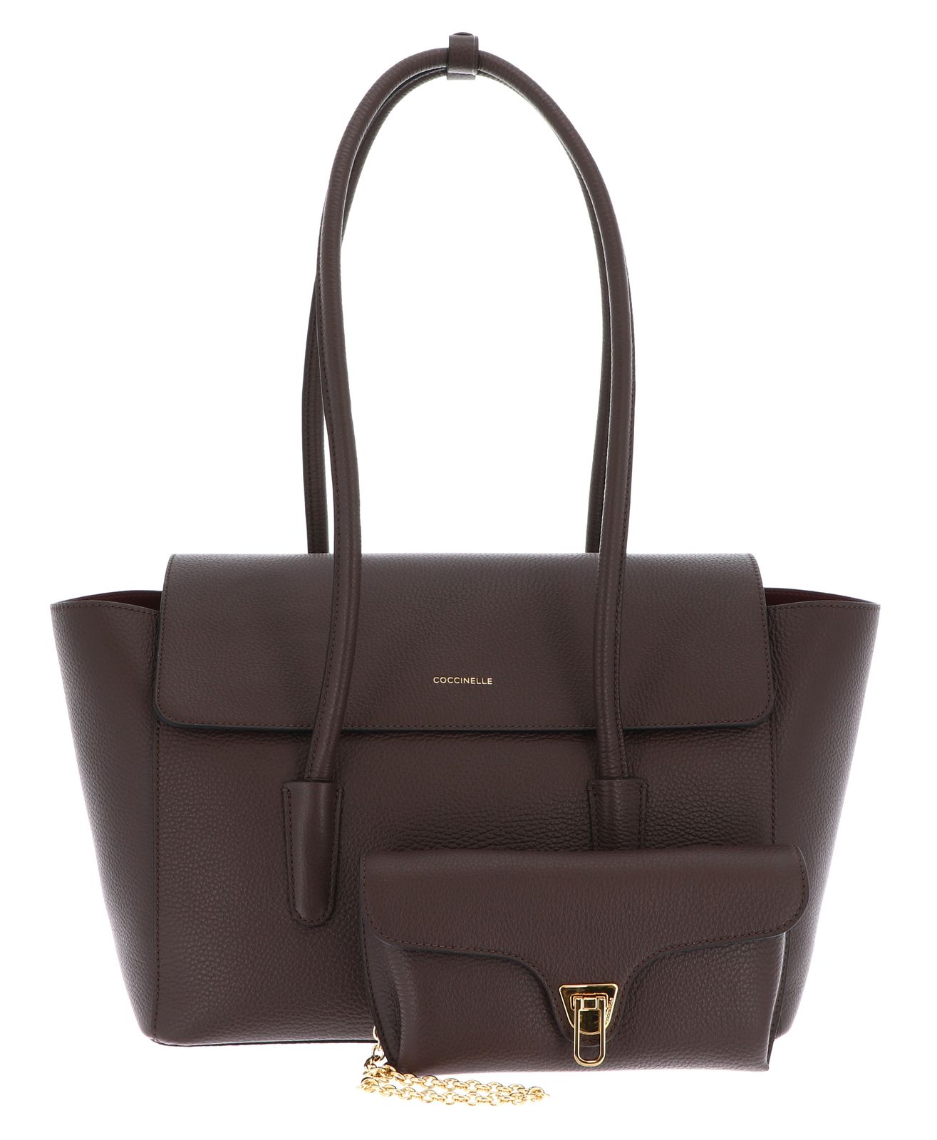 COCCINELLE Double Beat Grained Leather Handbag Brunette COCCINELLE Double Beat Grained Leather Handbag Brunette