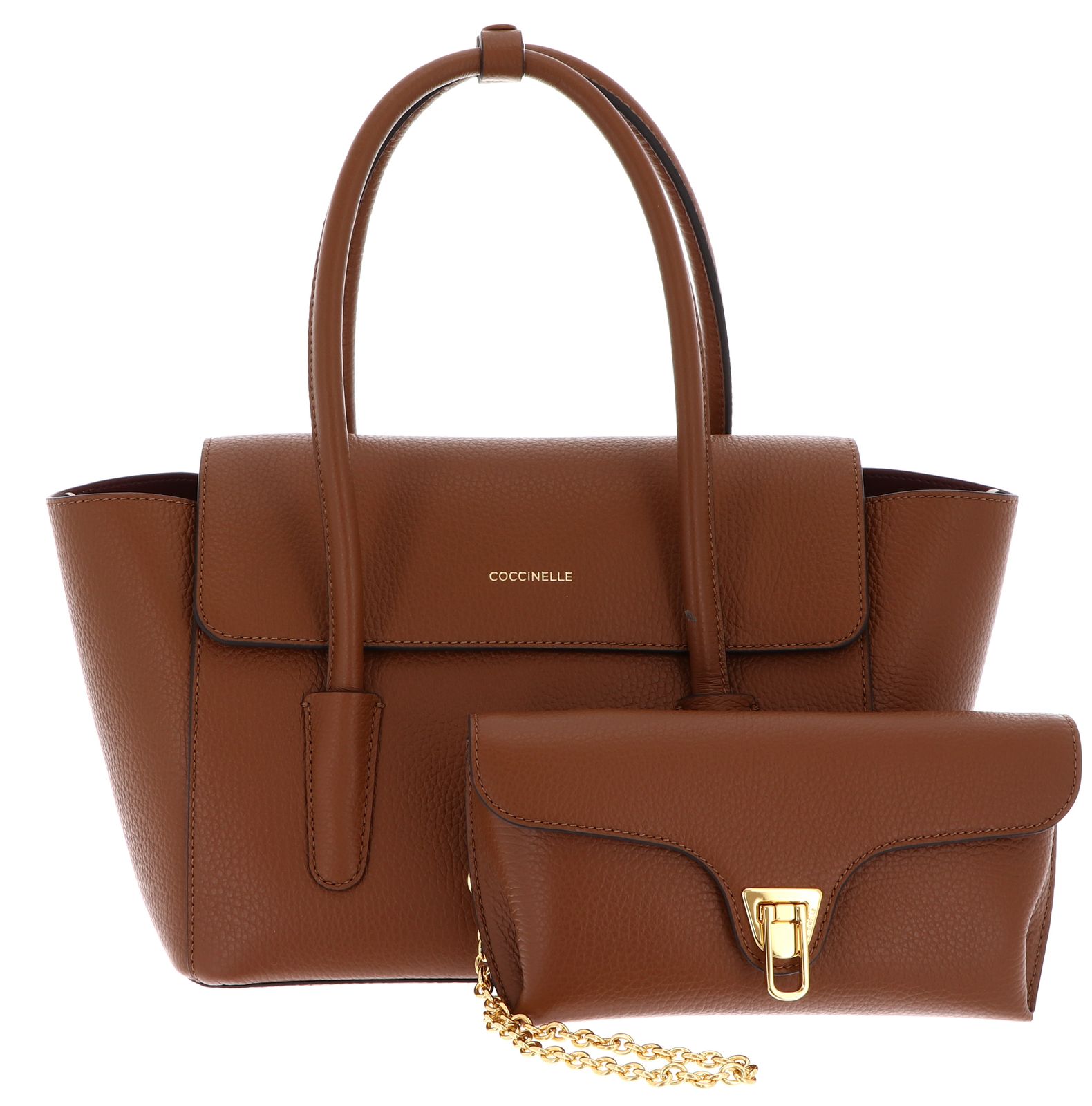 COCCINELLE Double Beat Grained Leather Handbag Cognac COCCINELLE Double Beat Grained Leather Handbag Cognac