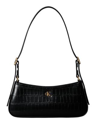 Calvin Klein Croc Embossed Monogram Small Shoulder Bag Black / Antique Light Gold