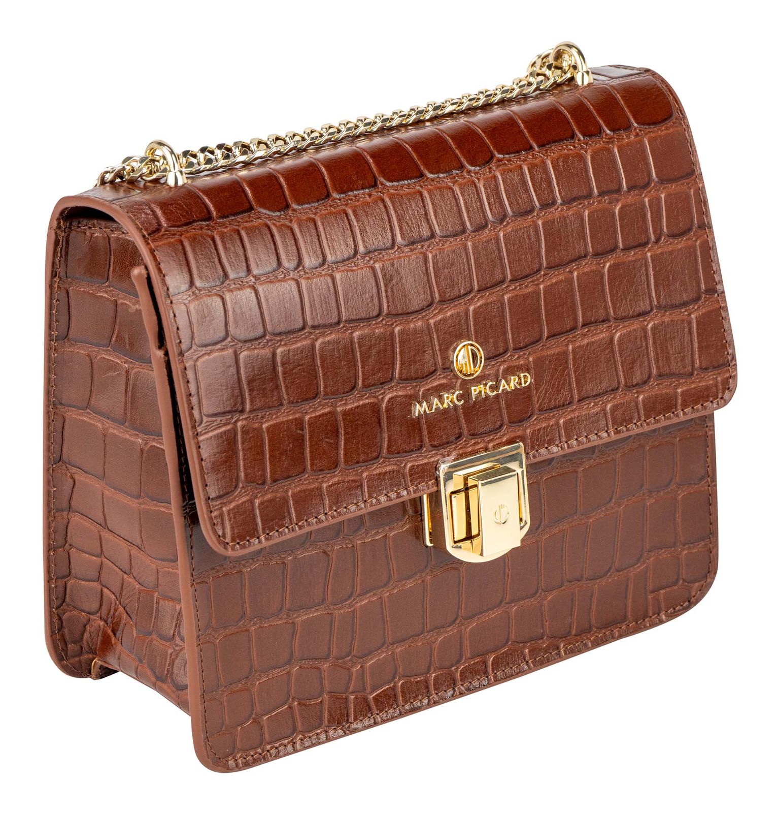 Marc Picard Croco Shoulder Bag with Lock Cognac Marc Picard Croco Shoulder Bag with Lock Cognac