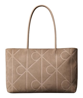 Calvin Klein Emblem AOP Embossed Suede Tote Desert Taupe