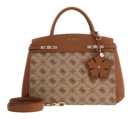 GUESS Melinda Logo Tri Compartment Satchel Latte Logo