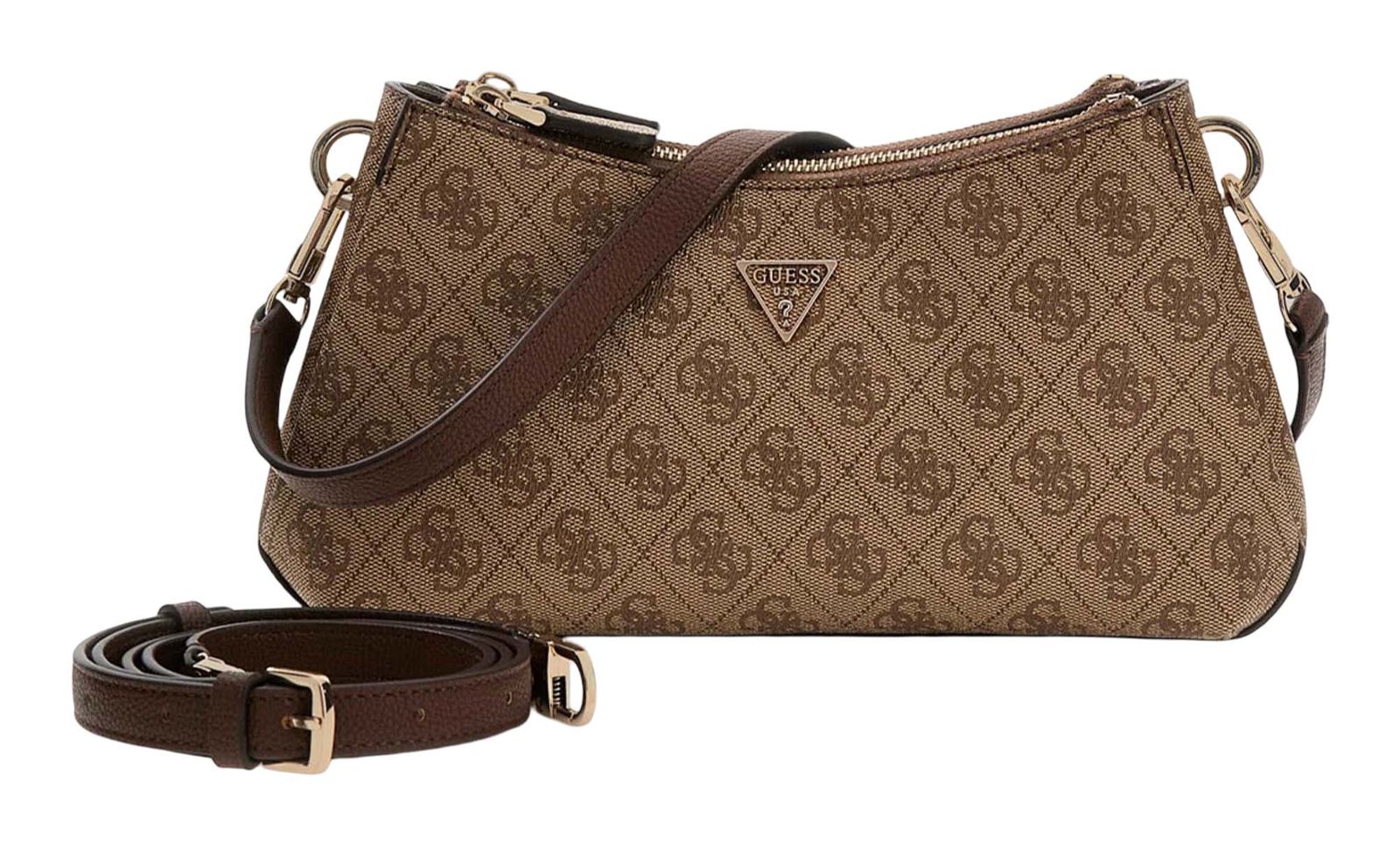 GUESS Noelle II Tri Compartment Shoulder Crossbody Bag Latte Logo / Brown