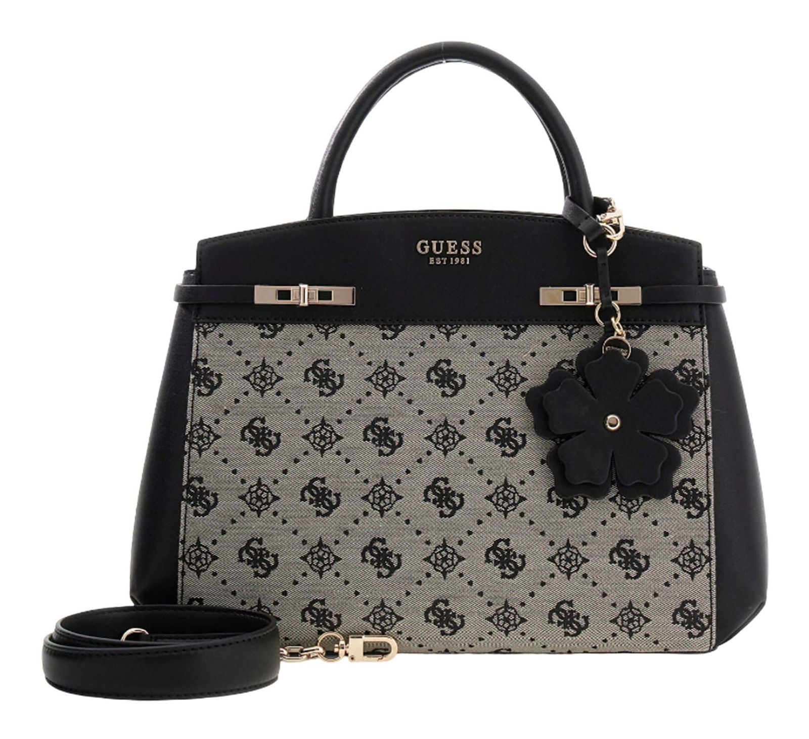 GUESS Melinda Logo Tri Compartment Satchel Black Logo
