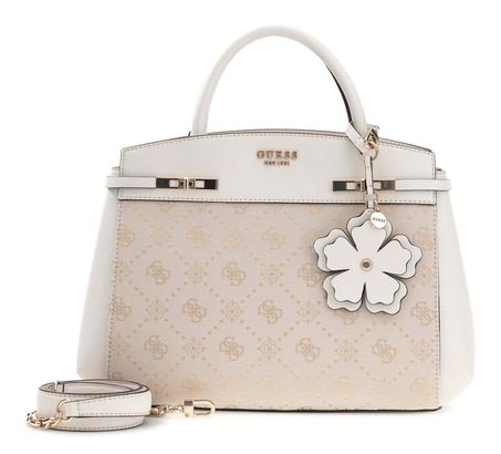 GUESS Melinda Logo Tri Compartment Satchel Cream White Logo