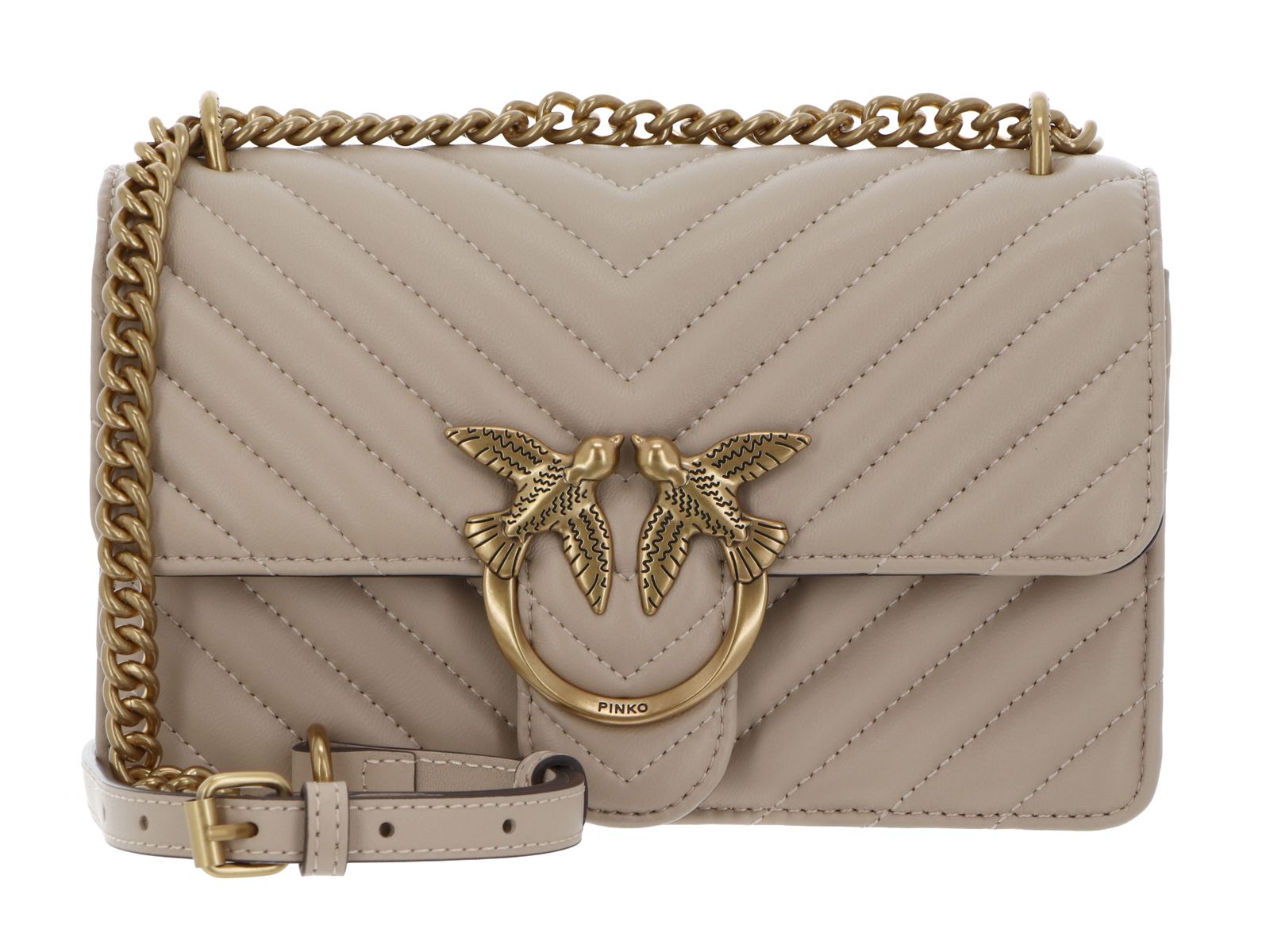 PINKO Love One Mini DC Sheep Nappa Chevron S Beige - Smoke Grey - Antique Gold