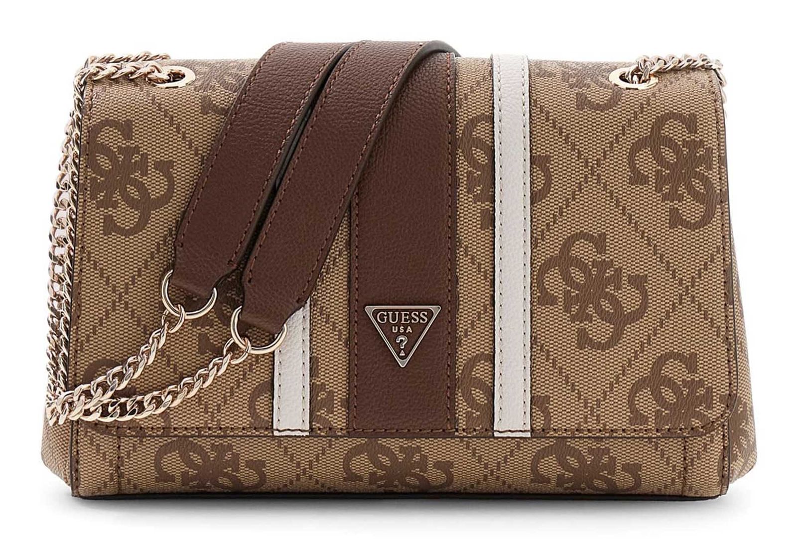 GUESS Noelle II Convertible Xbody Flap Bag Latte Logo / Brown
