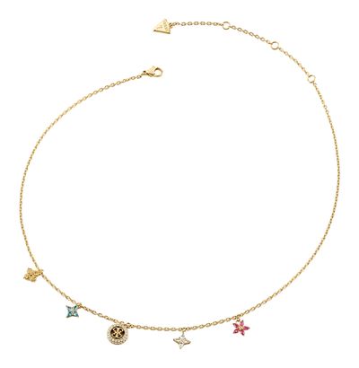 GUESS Secret Garden 16-18" Flower Charms Necklace Yellow Gold / Multicolor
