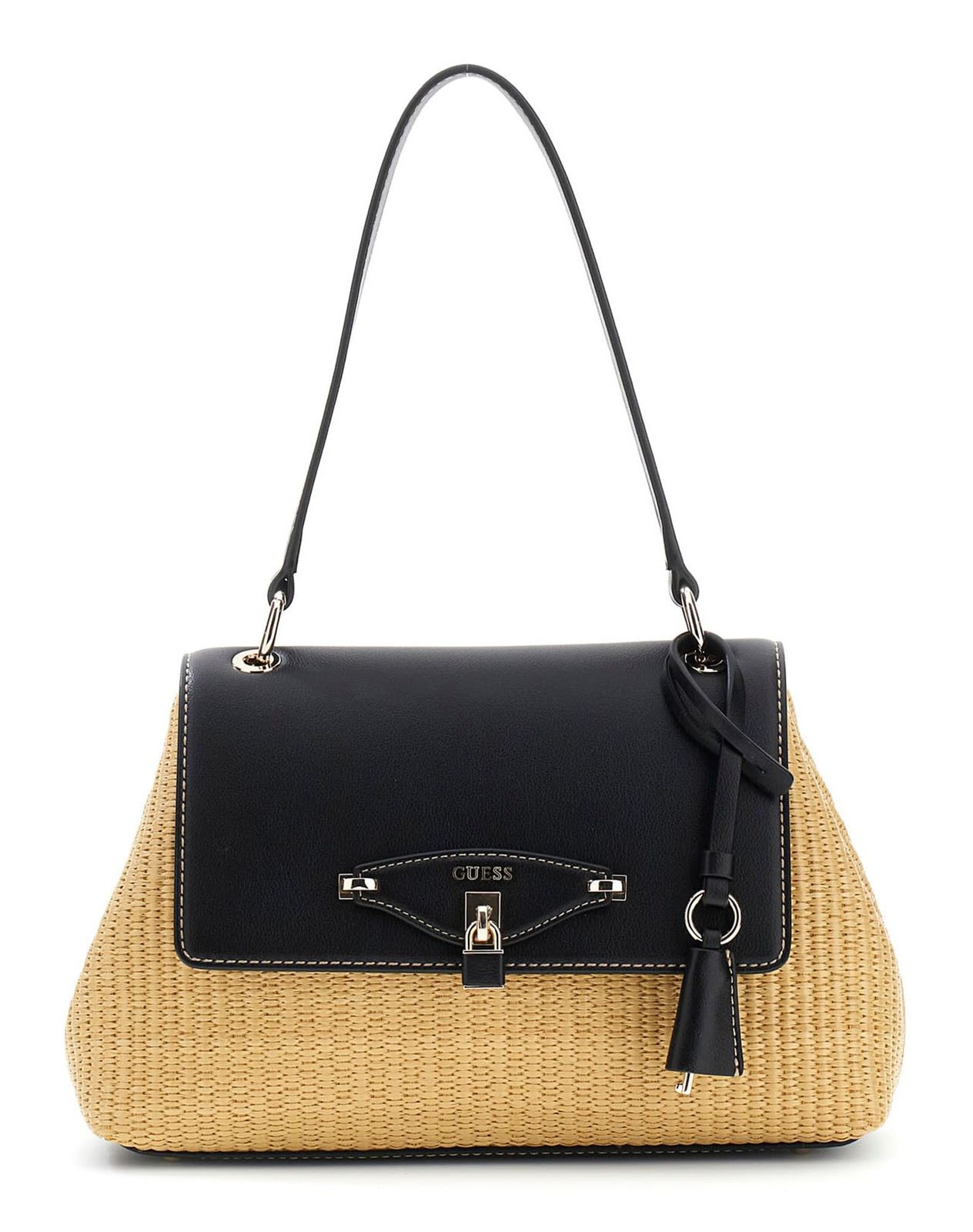 GUESS Maggie Straw Flap Shoulder Bag Natural / Black