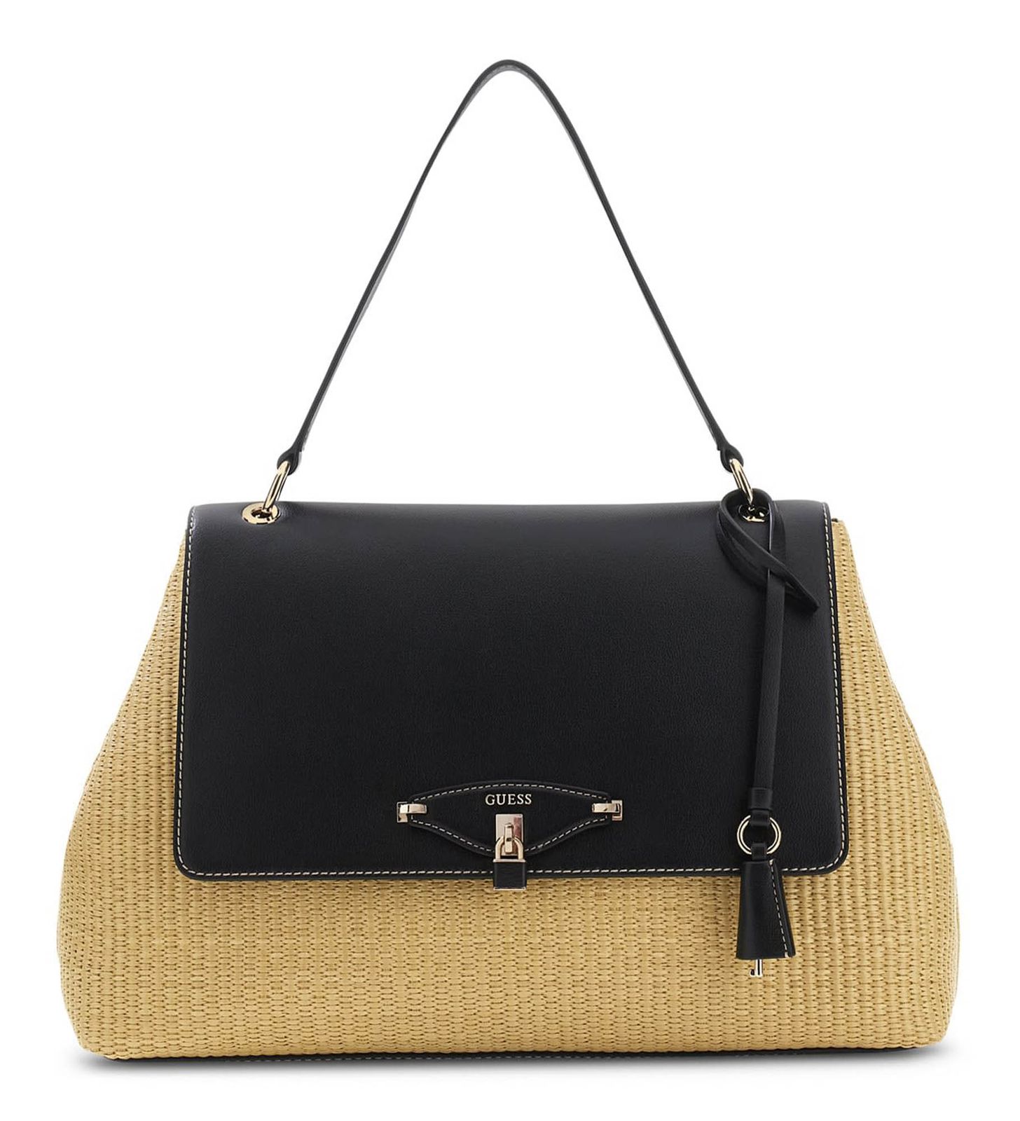 GUESS Maggie Straw Flap Shoulder Bag L Natural / Black GUESS Maggie Straw Flap Shoulder Bag L Natural / Black