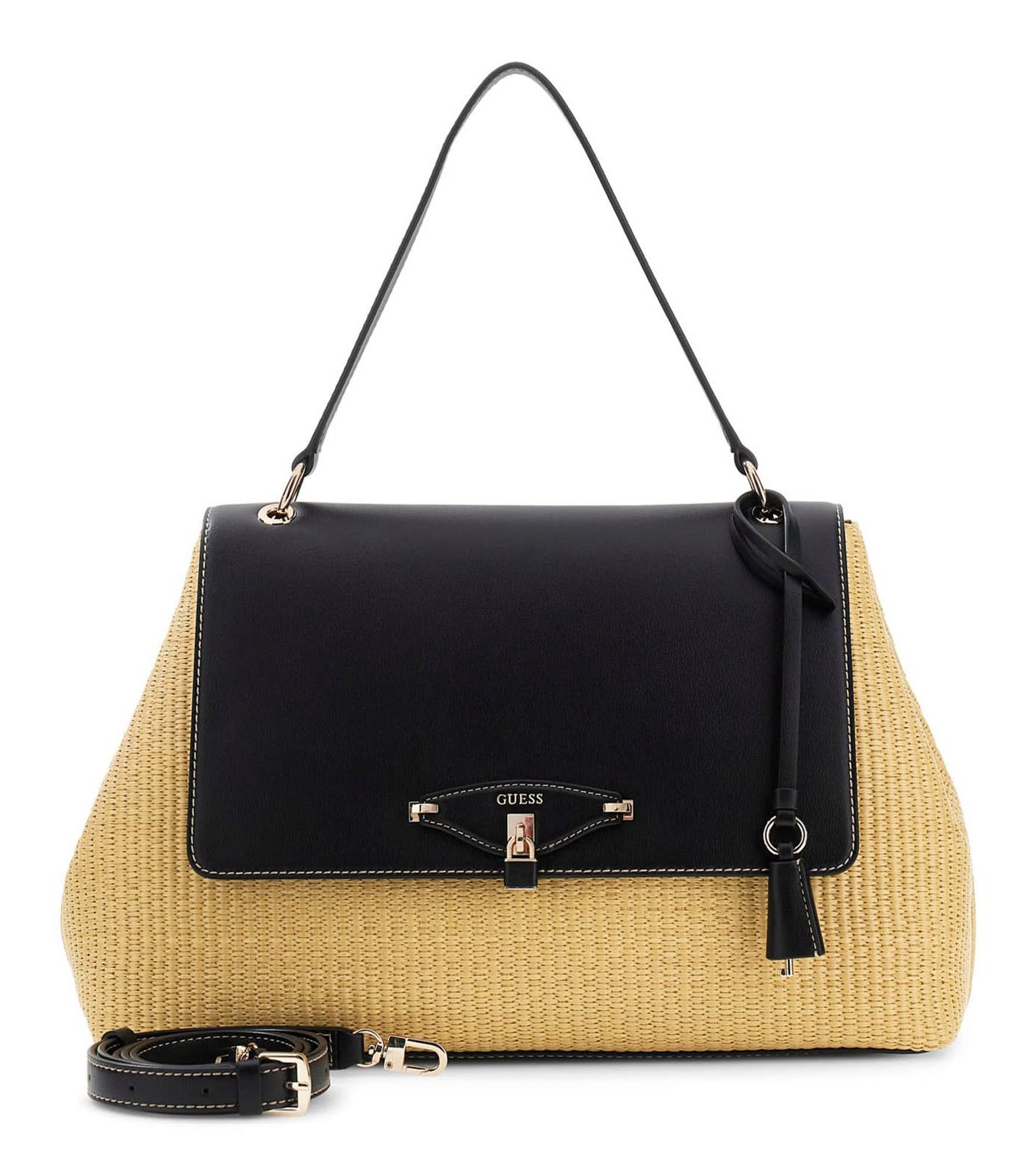GUESS Maggie Straw Flap Shoulder Bag L Natural / Black