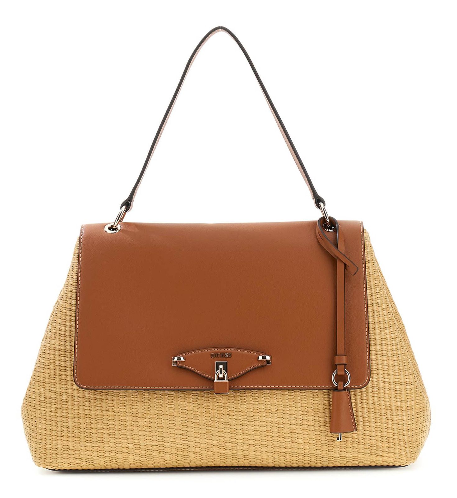 GUESS Maggie Straw Flap Shoulder Bag L Natural / Caramel GUESS Maggie Straw Flap Shoulder Bag L Natural / Caramel
