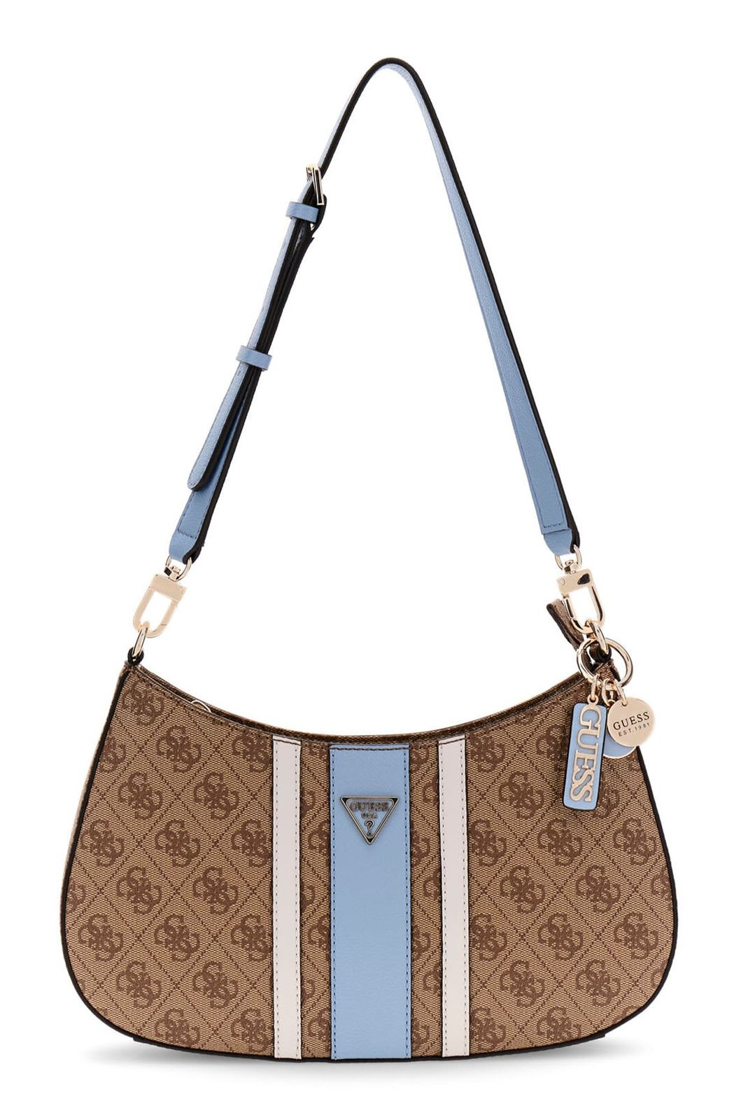 GUESS Noelle II Top Zip Shoulder Bag Latte Logo / Light Blue