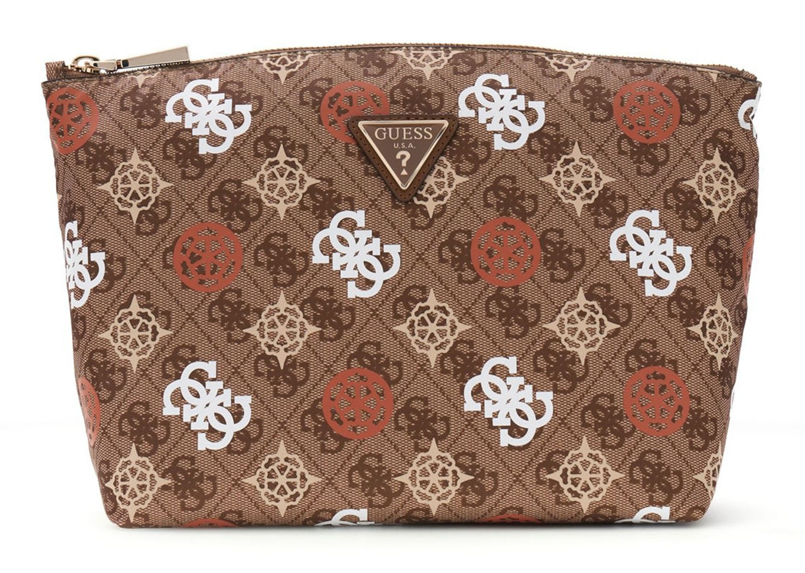 GUESS Eliette Logo Travel Top Zip Cosmetic Bag XL Ginger Logo