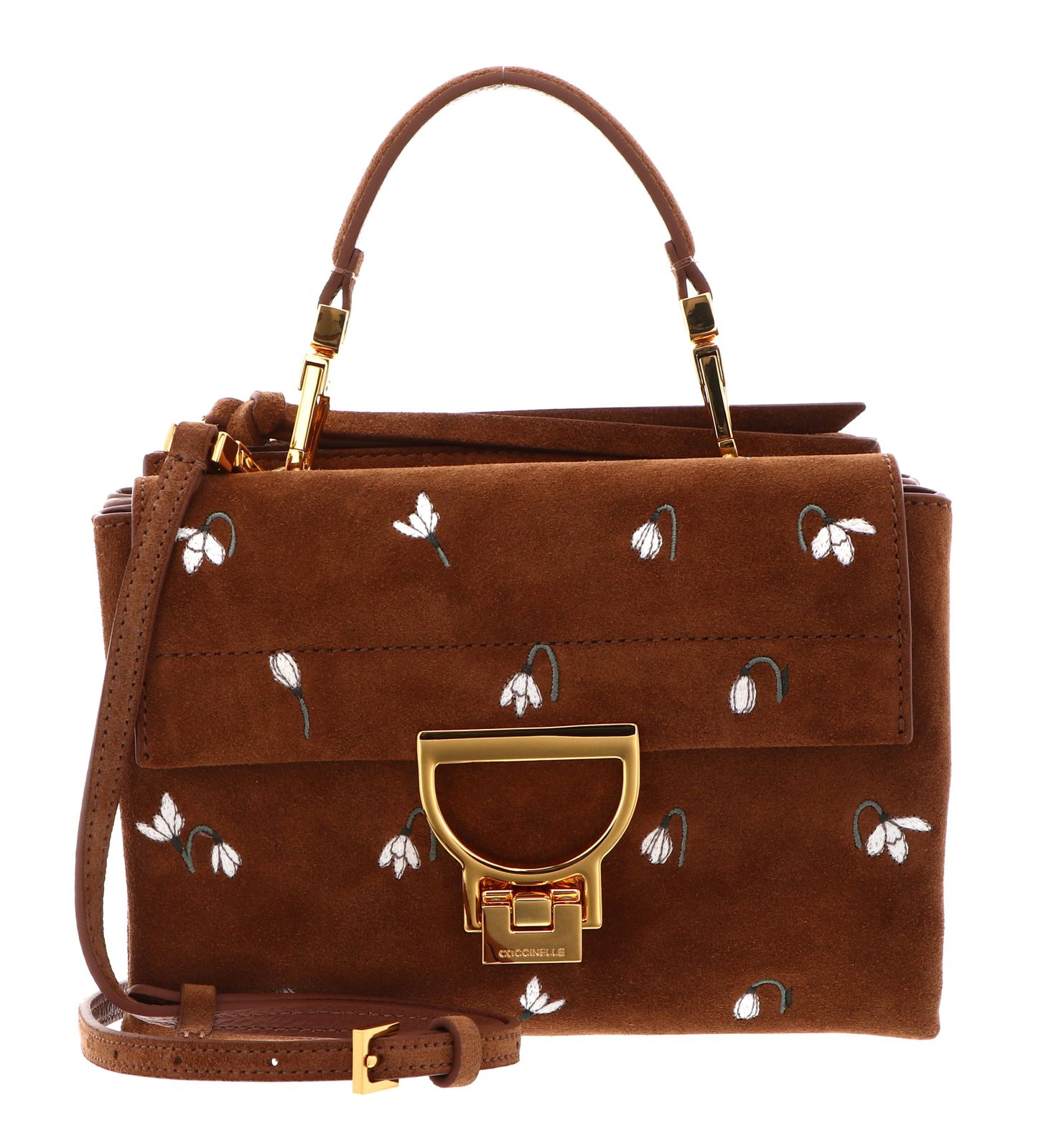 COCCINELLE Arlettis Snowdrop Handbag Suede Emb. /Gra.Leather Cognac / Cognac