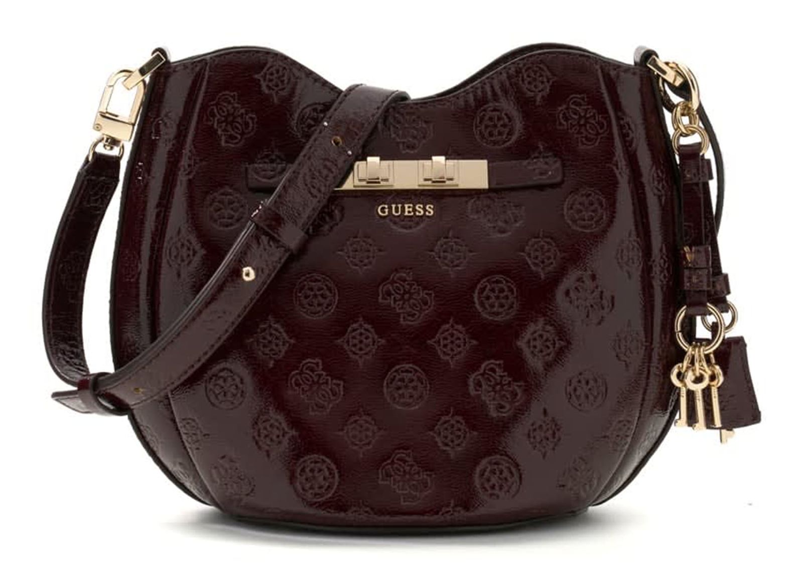 GUESS Carmella Crossbody Bucket Bag Burgundy Logo