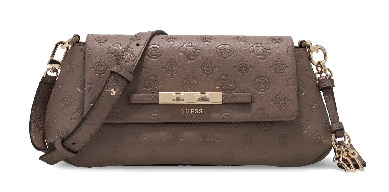 GUESS Carmella Flap Crossbody Taupe Logo