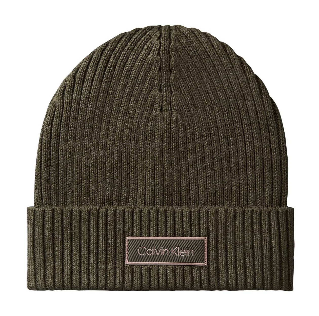 Calvin Klein Patch Chunky Rib Cotton Beanie Olive Night