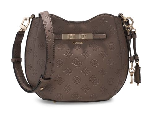 GUESS Carmella Crossbody Bucket Bag Taupe Logo