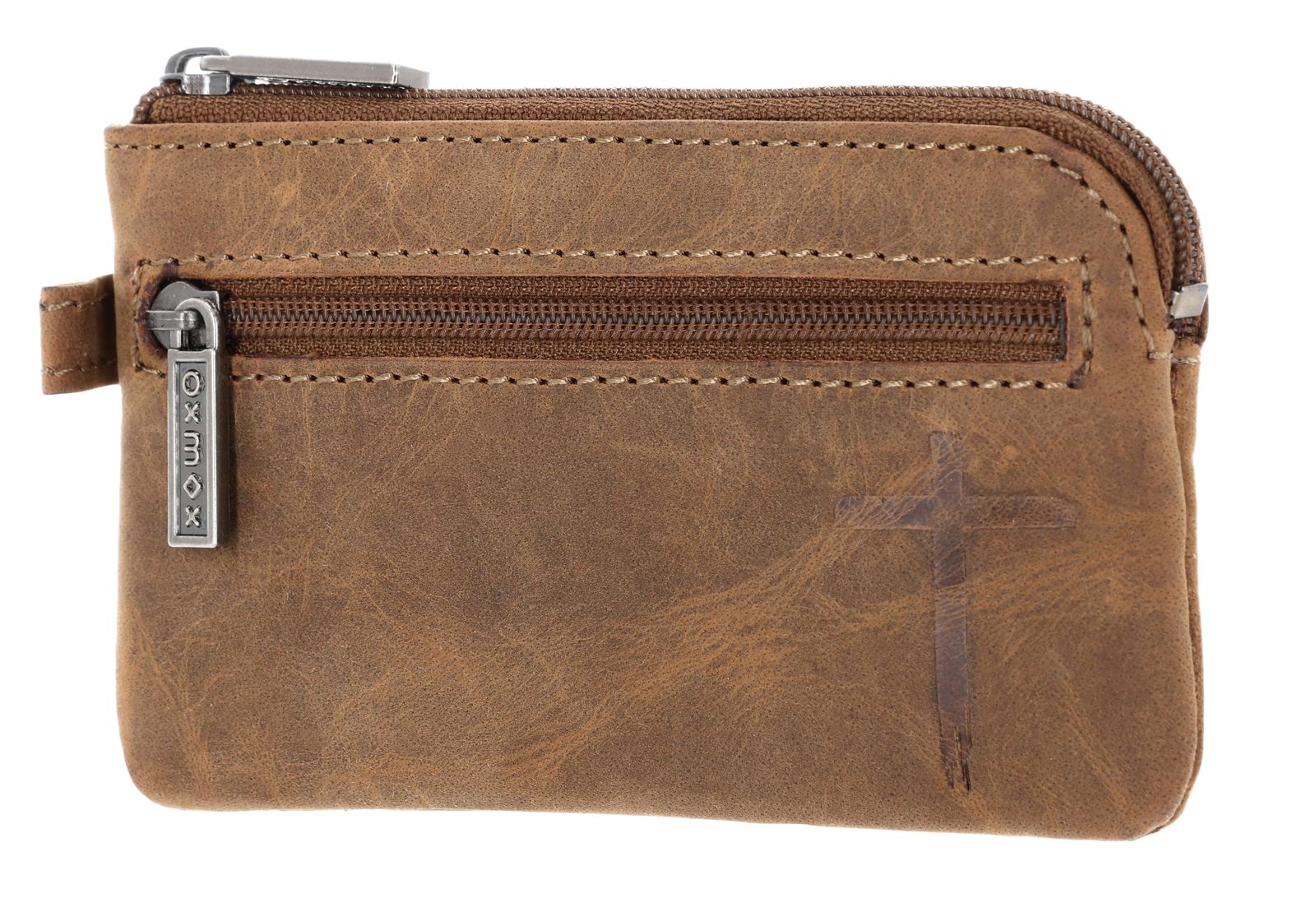 oxmox Leather Keyholder Freedom Cross Embossed Vintage Light Brown