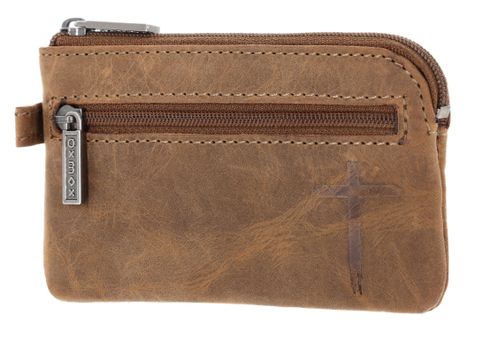 oxmox Leather Keyholder Freedom Cross Embossed Vintage Light Brown