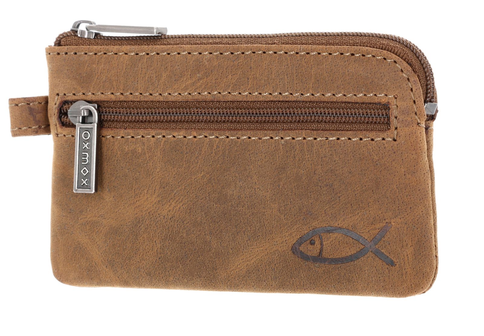 oxmox Leather Keyholder Freedom Fish Embossed Vintage Light Brown