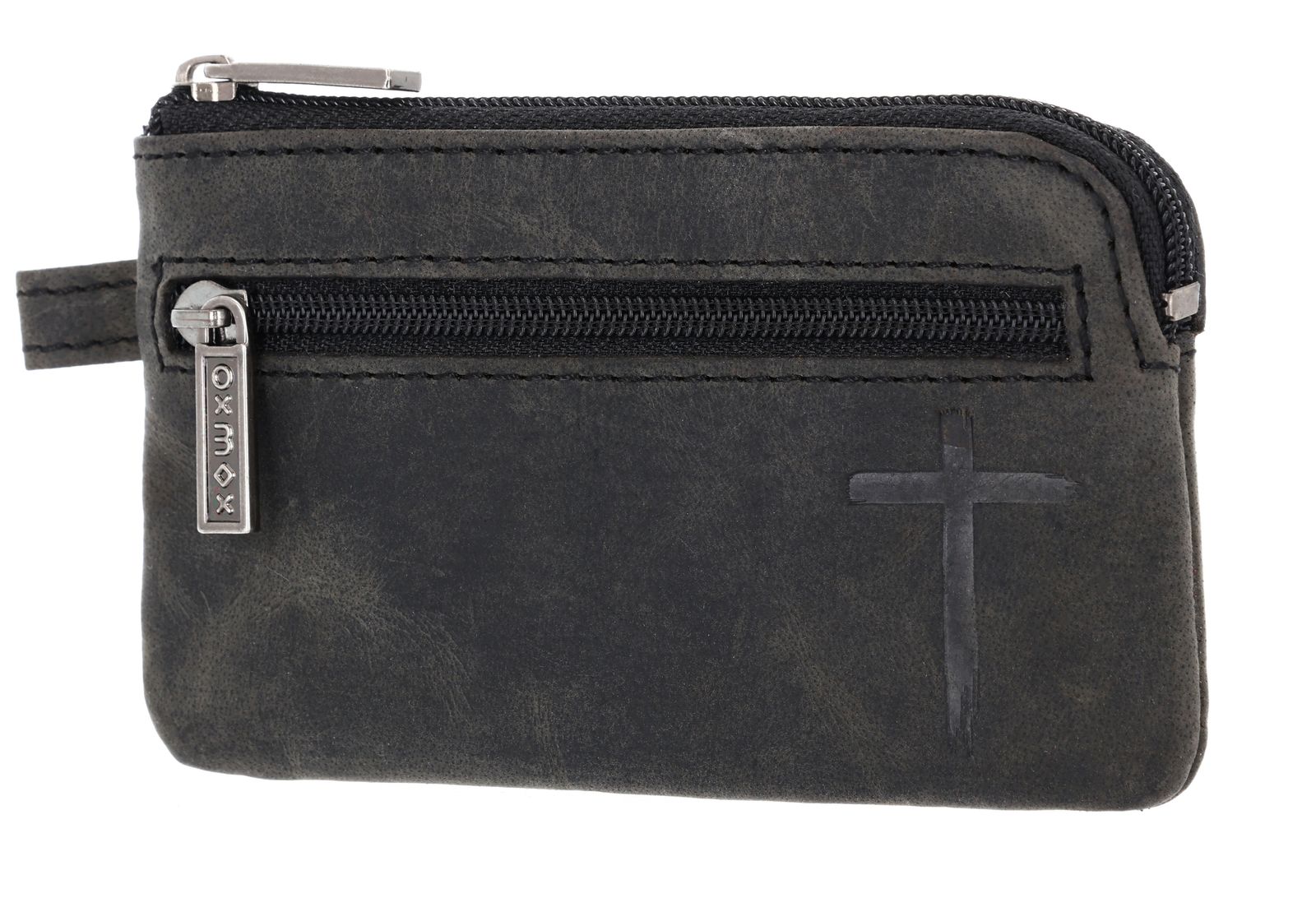 oxmox Leather Keyholder Freedom Cross Embossed Vintage Black