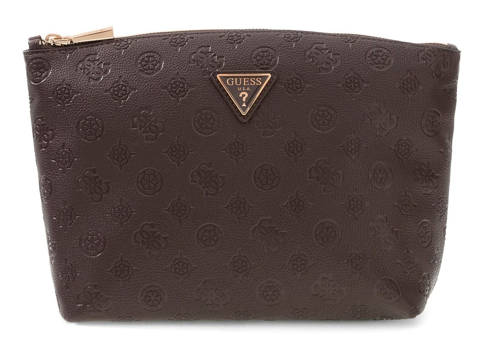 GUESS Lenwood Travel Top Zip Cosmetic Bag Brown Logo