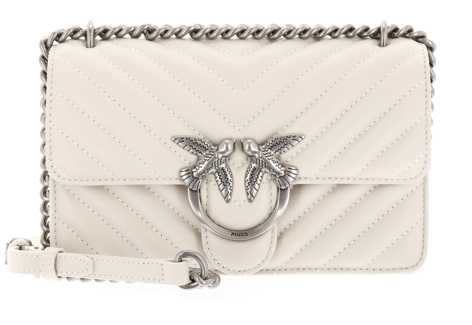 PINKO Love One Mini DC Sheep Nappa Chevron S Bianco Seta - Old Silver