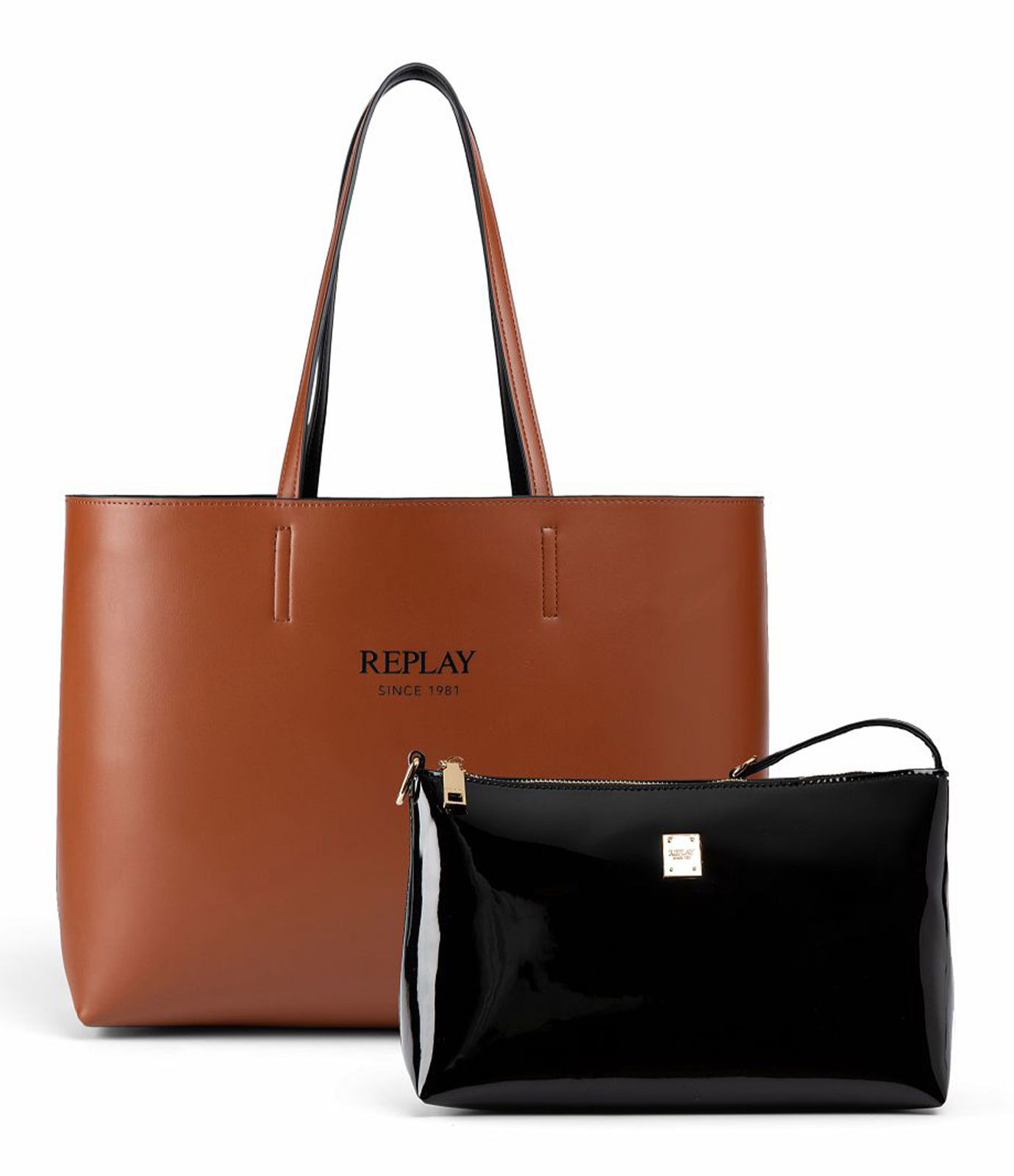 REPLAY Shoulder Bag Black + Cambridge Brown + Shiny Black REPLAY Shoulder Bag Black + Cambridge Brown + Shiny Black